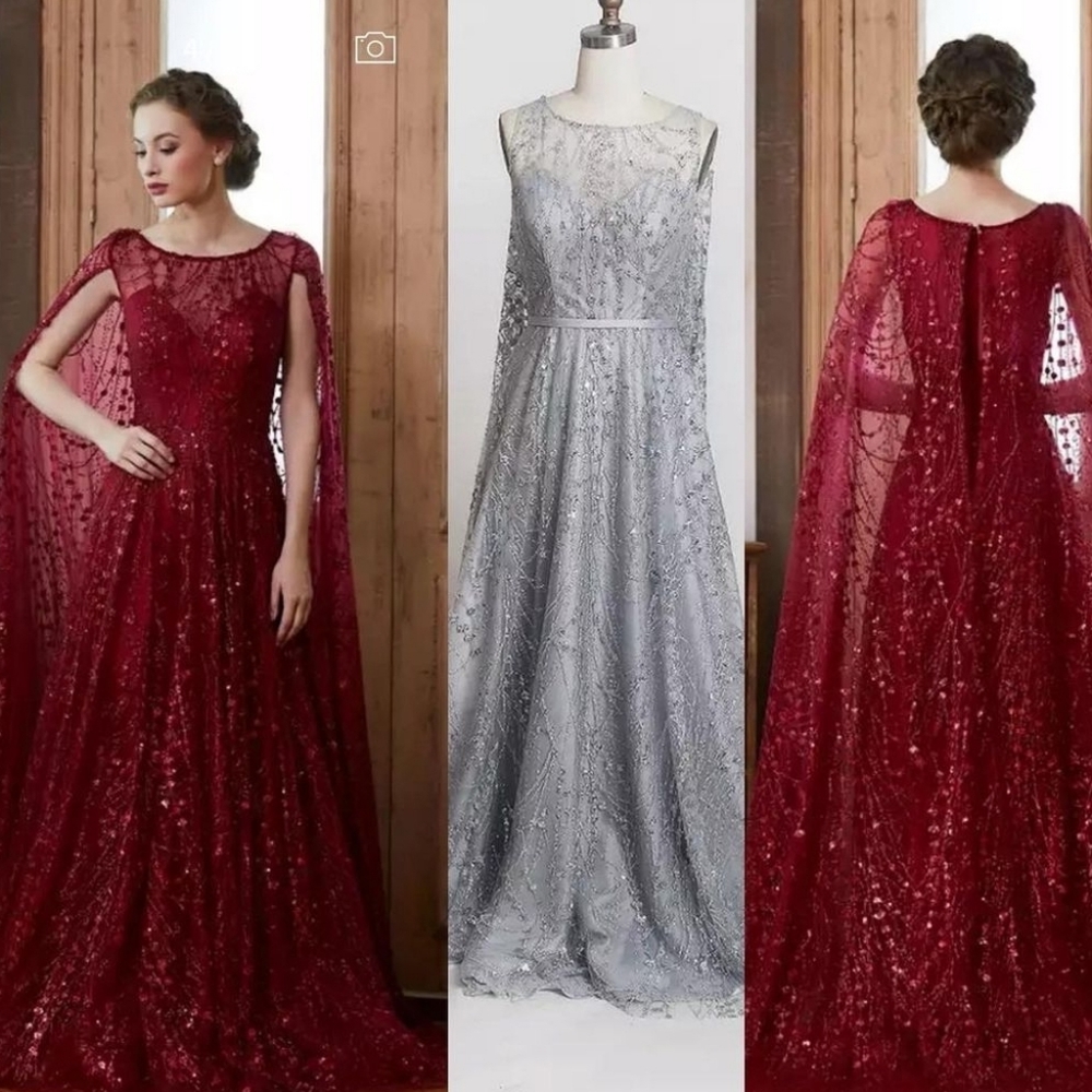 Beautiful custom made red gown with cape / glitter & Sequin